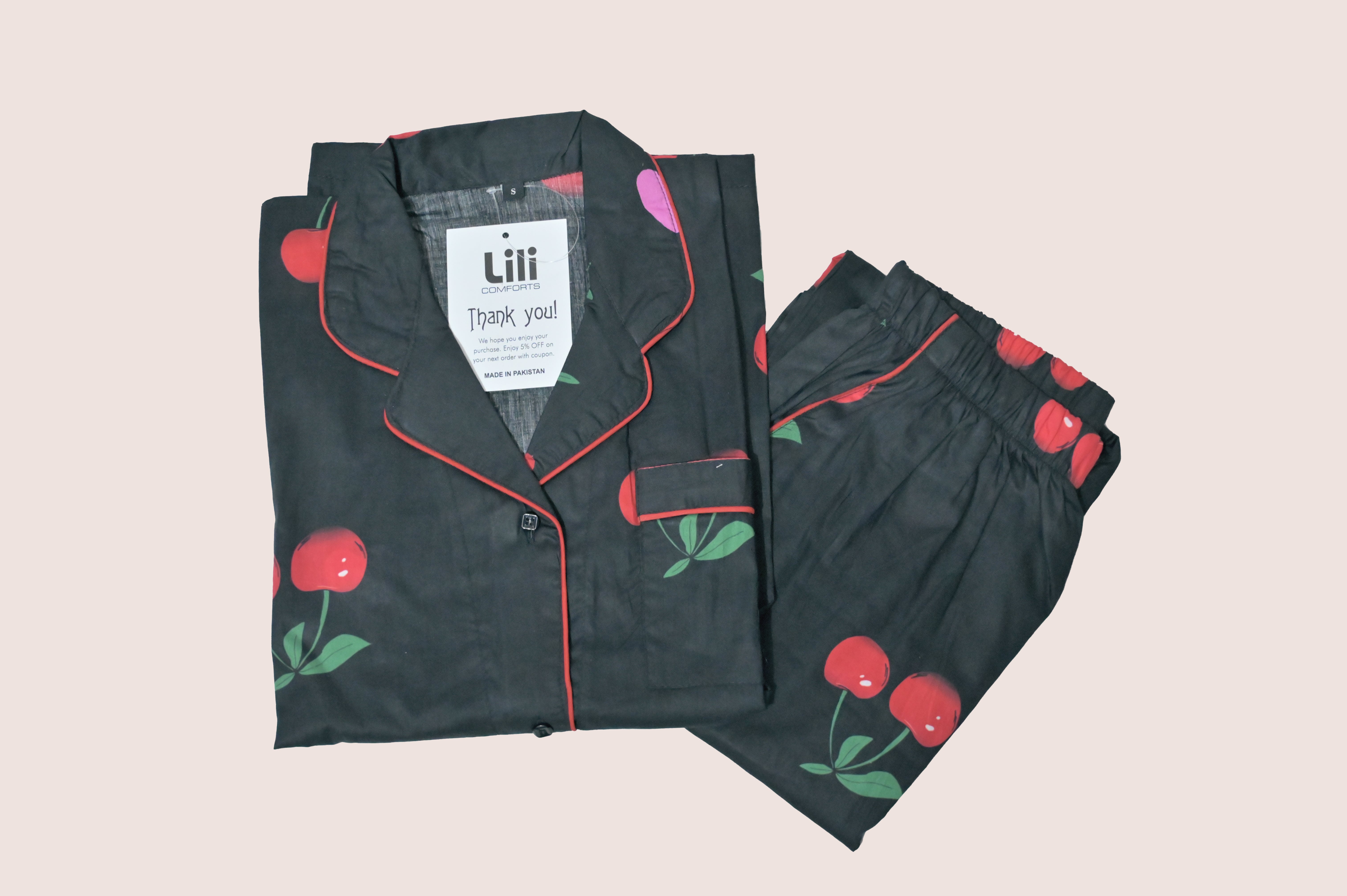 Cotton Ladies Black Night Dress – Cherry Print Design For Kids