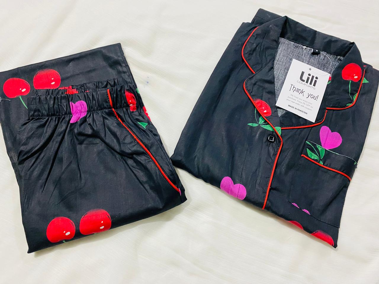 Cotton Ladies Black Night Dress – Cherry Print Design For Kids